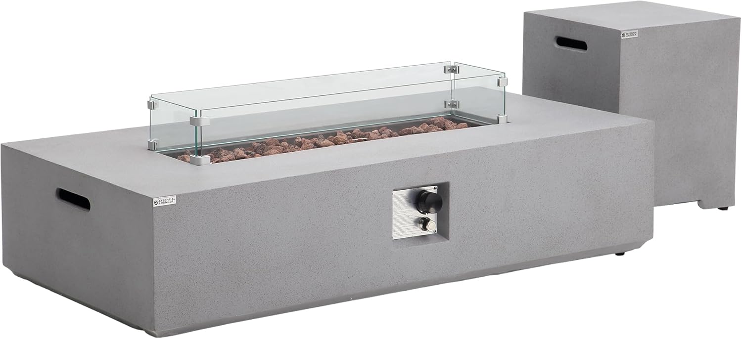 3-Piece Concrete Outdoor Propane Gas Fire Pit Table, Rectangular Outdoor Propane Fire Pit Table with Tank, Stainless Steel Burner, Wind Guard, Rain Cover for Outdoor Garden, Pool (56IN)