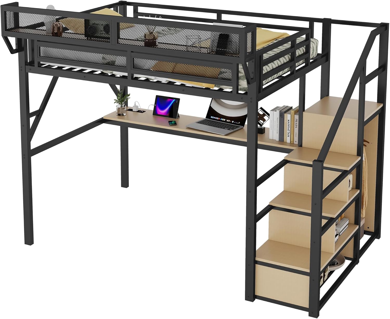 Full Size Metal Loft Bed (Black) - Patent Product | Desk+Charging Station (2 Outlets/2 USB), Staircase Storage+Wardrobe, RGB LED, Upper Mesh Shelf, 350LBS Capacity, No Box Spring