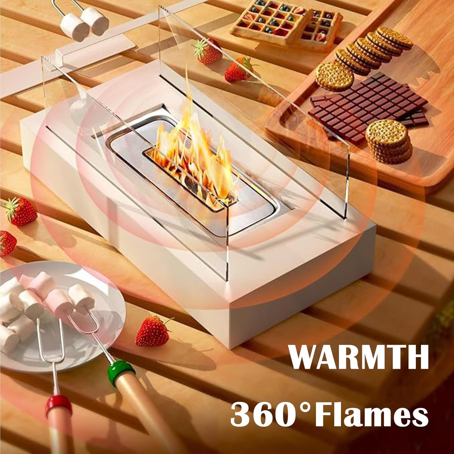 Stainless Steel Rectangular Table Top Fire Pit with Glass Wind Guard, Outdoor Patio Fireplace for Garden Portable Tabletop Fire Pit Indoor(White)