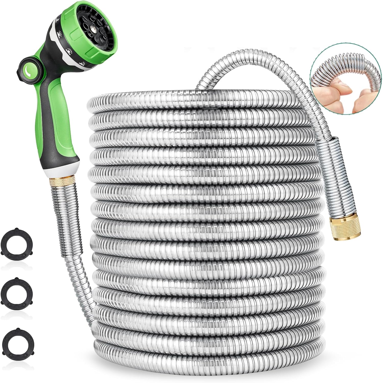 HOMEIDEAS 100 ft Leak-proof Stainless Steel Metal Garden Hose Set - Newly Premium SUS304 Spring Protective Sleeve, Anticorrosive 3/4