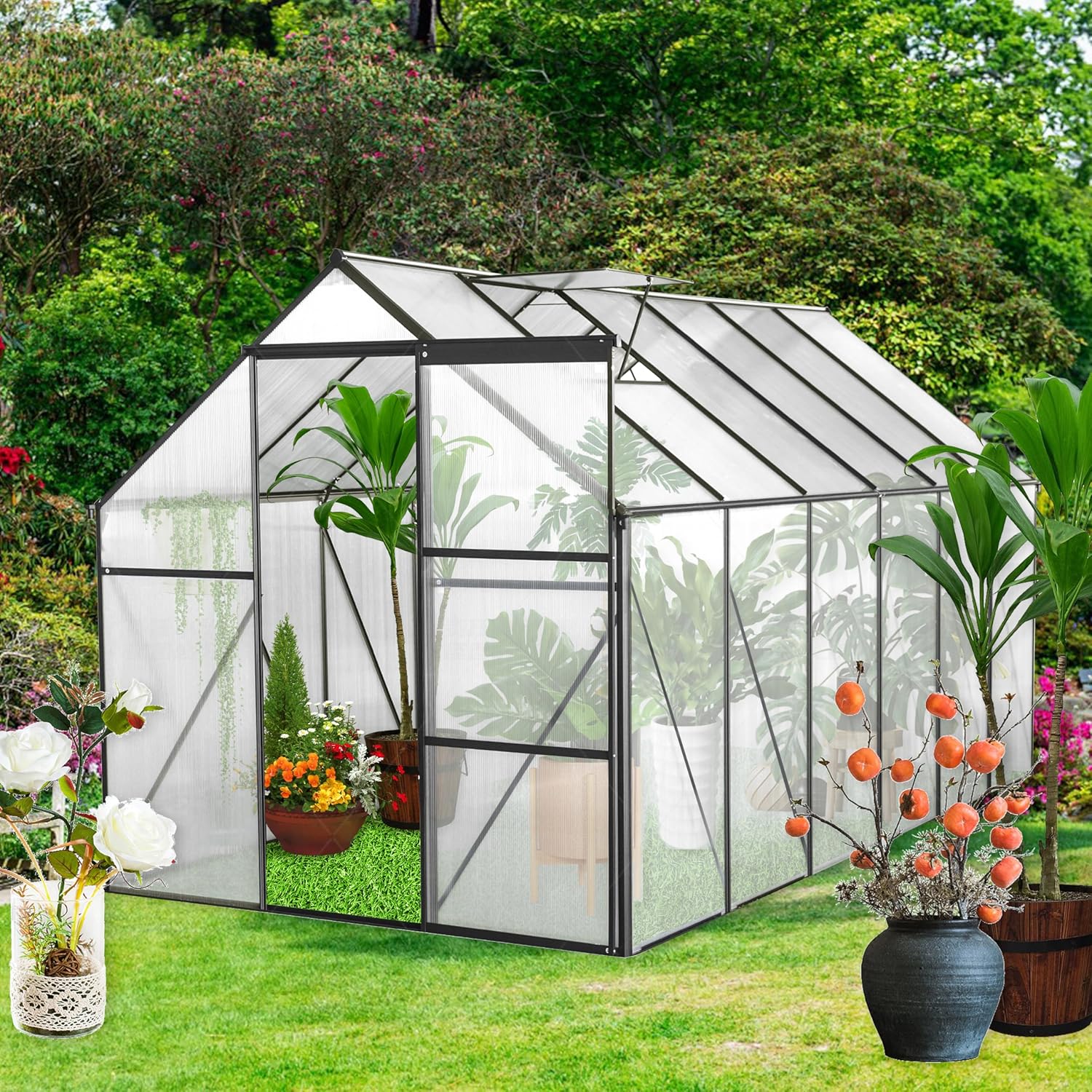 6x12ft Walk-in Triangular Structure Greenhouse Aluminum Frame Greenhouse with Sliding Door and Adjustable roof Suitable for All Seasons Outdoor Backyard Garden Patio, Black