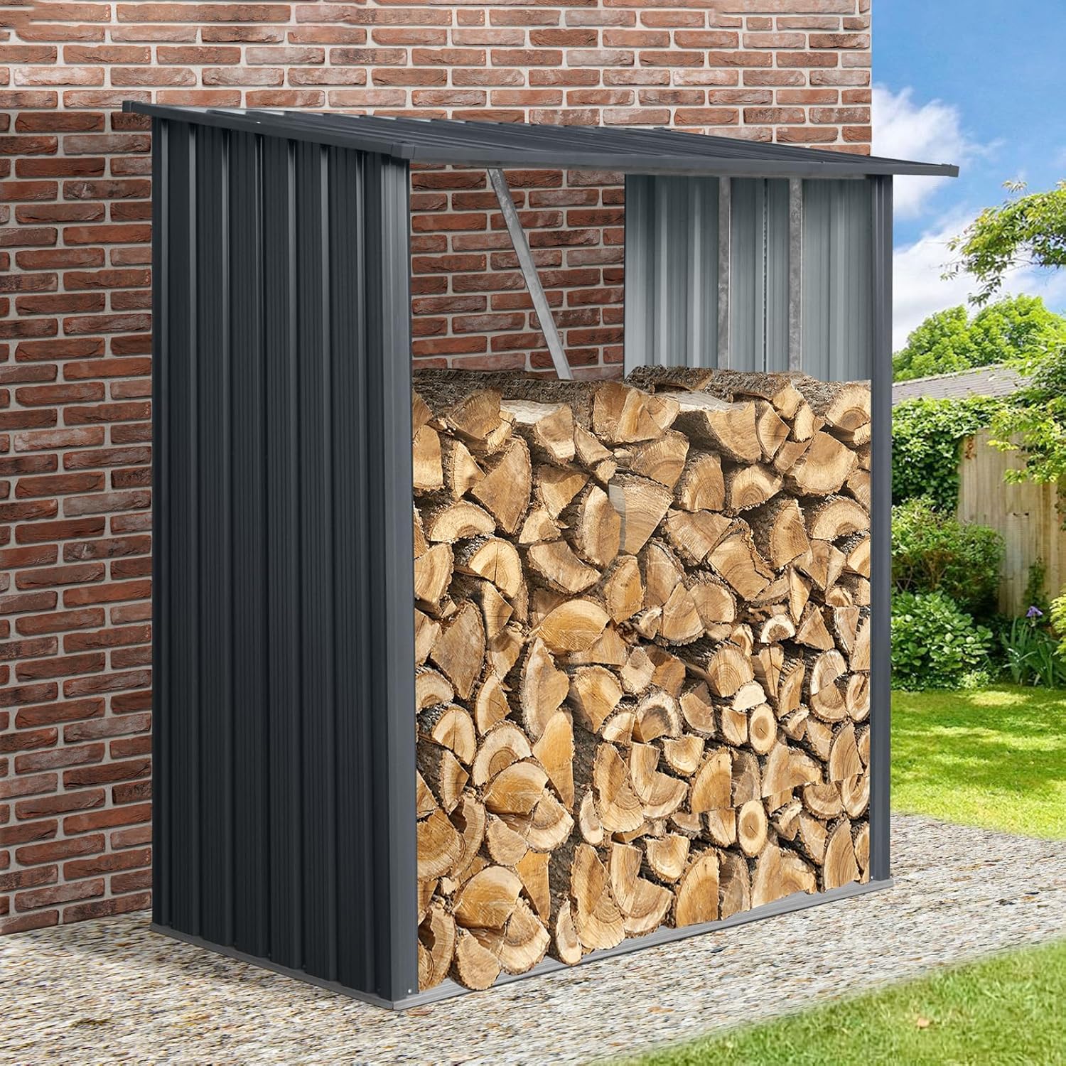 Ball & Cast 3X5 FT Outdoor Steel Firewood Rack Metal Storage Shed with Middle Stiffener and Reinforced Base,Multi-Functional Waterproof Cabinet W/Roof,for Equipment Machines,Black