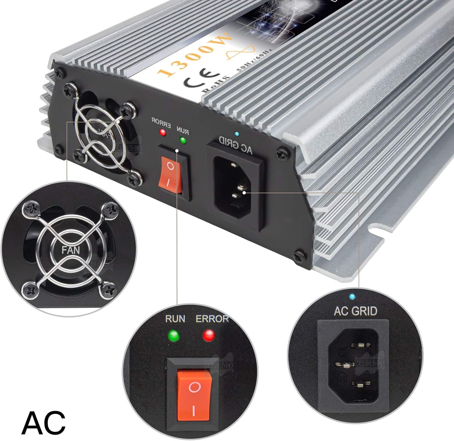 1300W MPPT Pure Sine Wave Grid-Tie Micro Inverter, Converts 10.5-30V DC to 110V/120V AC, Perfect for Home Solar or Wind Power Systems.