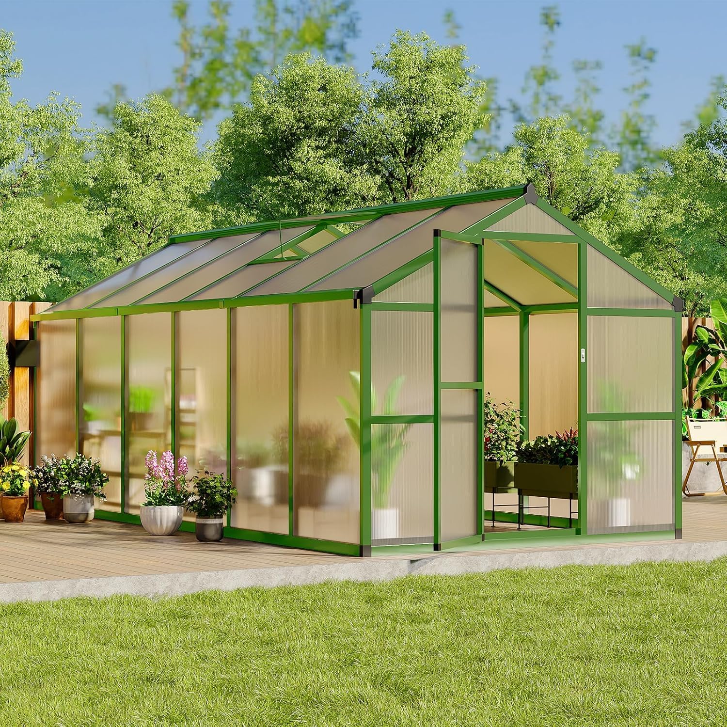 8X12 FT Greenhouse for Outdoors, Walk-in Greenhouse Kit with Aluminum Frame, Polycarbonate Panels, Adjustable Roof Vent, Sliding Door, Secure Lock for Outside Garden, Patio, Backyard
