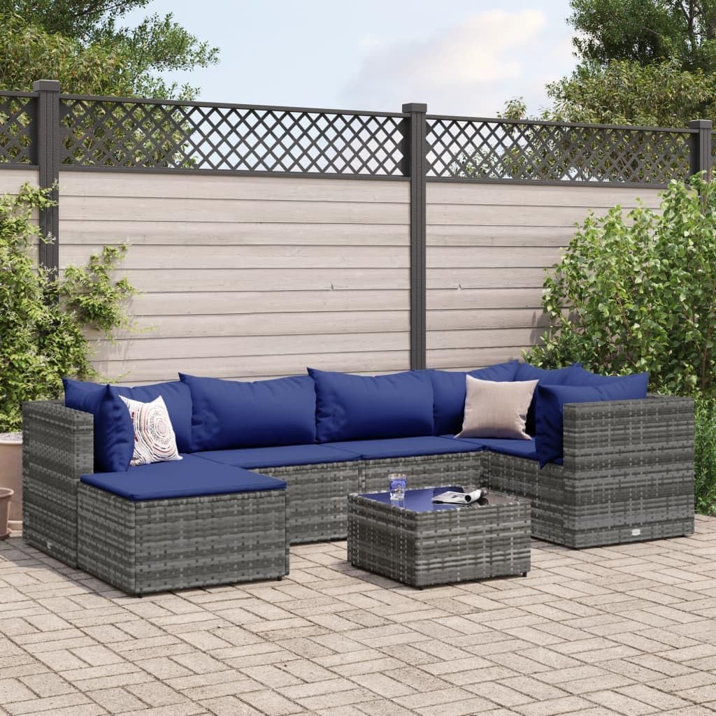 7 Piece Patio Lounge Set with Cushions Gray Poly Rattan,Cozy and Durable Rattan Garden Lounge Set for Backyard, Terrace, or Patio Patio Furniture Sets, Outdoor Furniture Sets