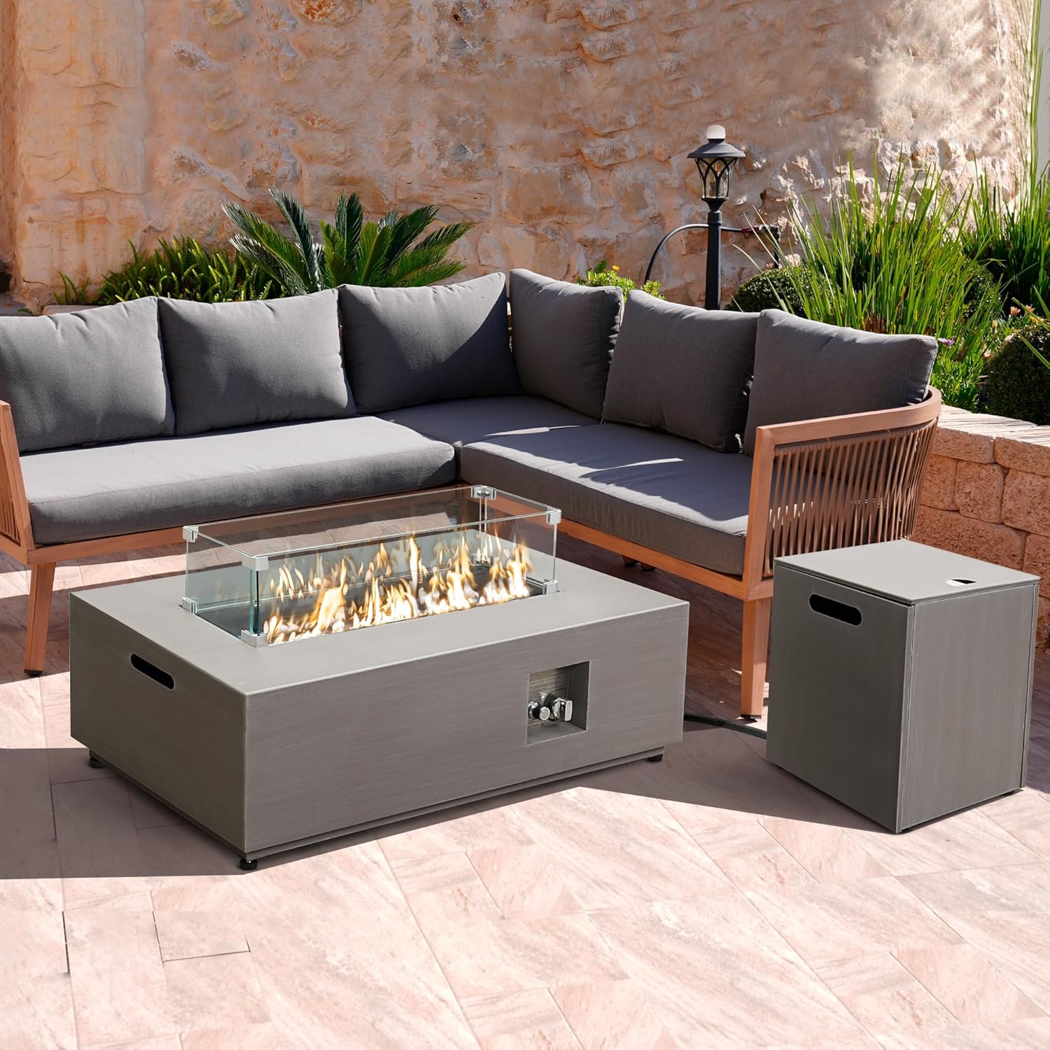 42’’ Propane Fire Pit Table Set with Tank Holder, CSA Certifed 50,000 BTU Outdoor Firepit Table, Wind Guard & Glass Stones, Smoke-Free Rectangular Fire Table for Garden Porch Backyard - Extra Cover