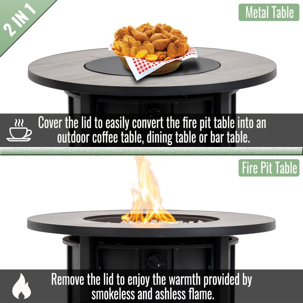 30 Inch Round Propane Fire Pit Table with Wood Grain Ceramic Top and Stainless Steel Burner for Patio, Backyard, Garden