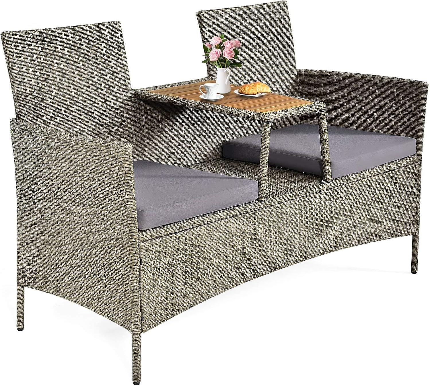 HAPPYGRILL Patio Loveseat Outdoor 2-Person Rattan Wicker Conversation Set with Built-in Table & Cushion, Modern Rattan Sofa Furniture Set with Wood Coffee Table & Storage