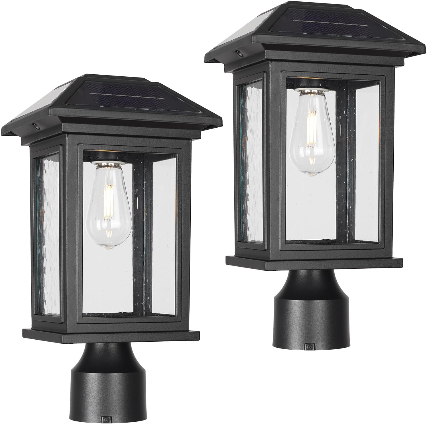 Solar Post Lights Outdoor, Waterproof Anti-Rust Black Pole Light Fixtures with Clear Glass, LED Solar Powered Lamp for Garden, Front Yard, Porch, Garage, and Patio, 2 Pack (Bulb Included)