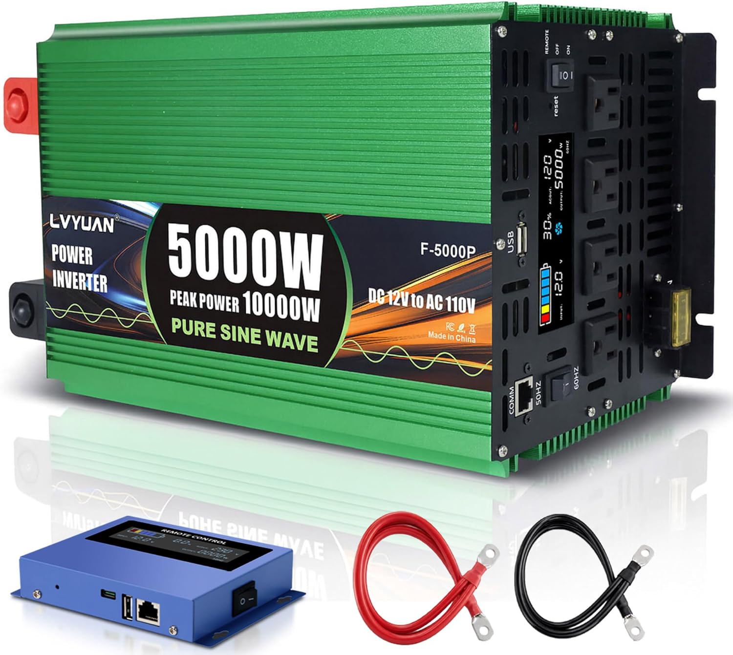 5000 Watt Pure Sine Wave Power Inverters, DC 12V to 110V Inverter with 0 AWG Battery Cables, Remote & LED Panel Control, 4 AC Outlets, 5V 3.1A USB, 20W Type-C, 10000 W Surge for RV, Truck, Off Grid