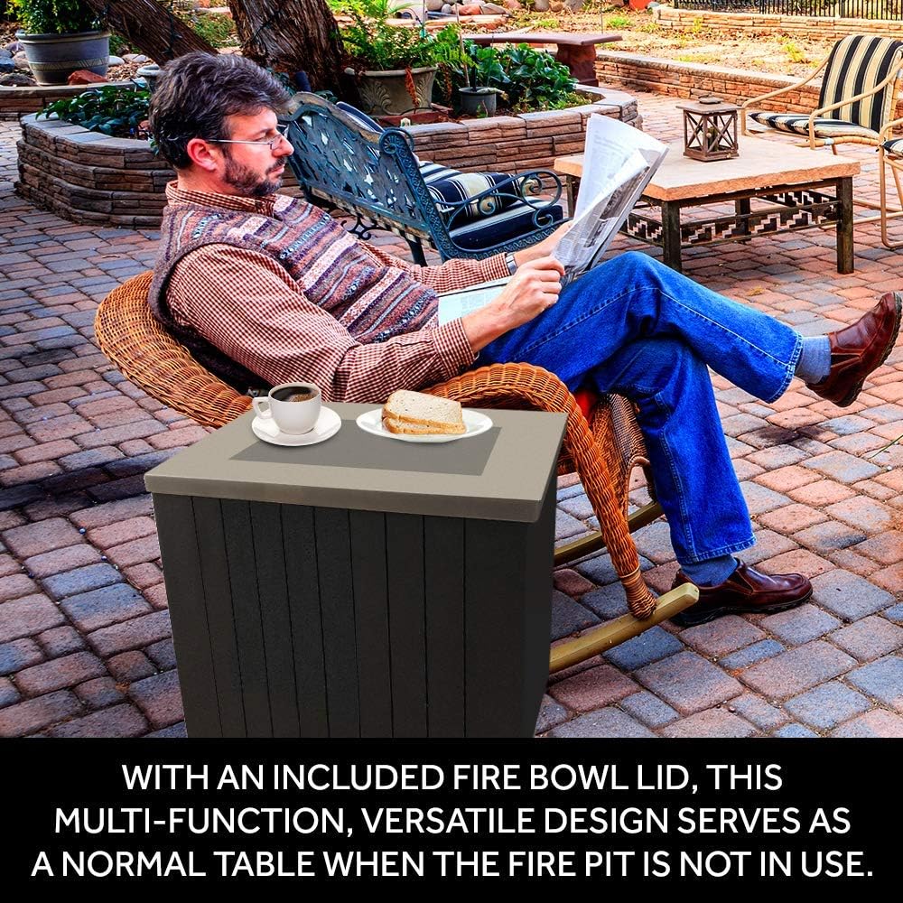 MASE 24-Inch Square Small Outdoor Patio Propane Gas Fire Pit Table.304 Stainless Steel Tabletop w/Arctic Ice Glass Rocks and Black Powder Coating Aluminum Body. No Assembly Required