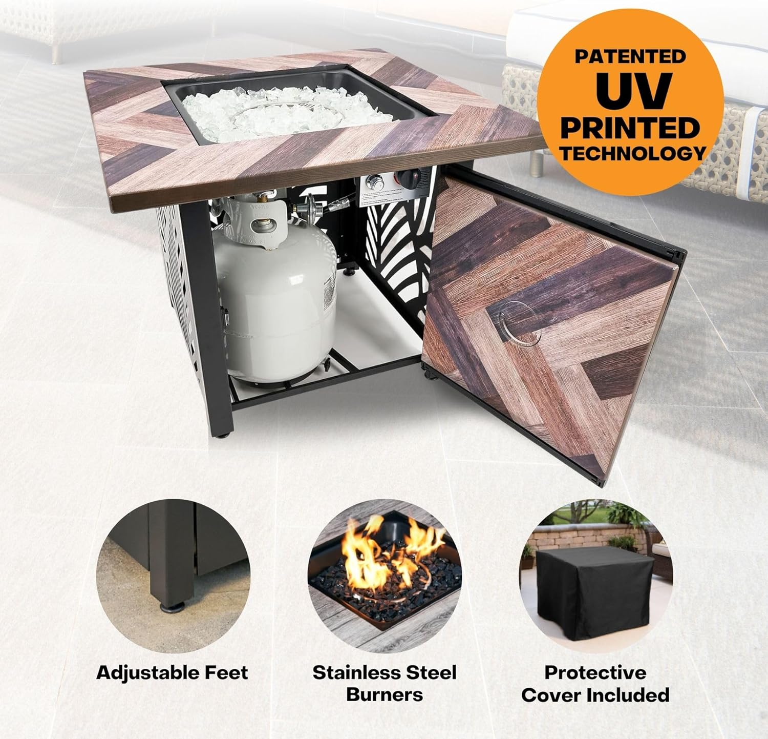 Endless Summer Darby 30 Inch Square Outdoor UV Printed 50,000 BTU LP Gas Fire Pit​ Table with Faux Wood Mantel and Stamped Steel Base