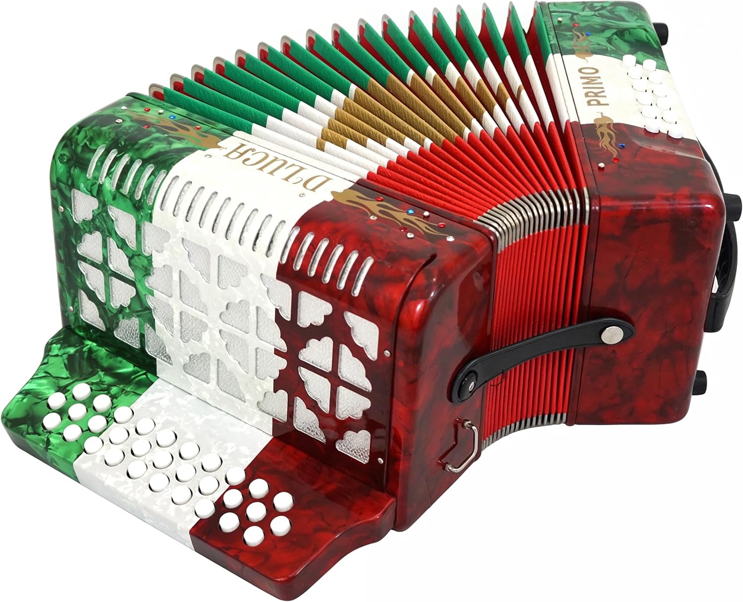D'Luca Primo Button Accordion 31 Keys 12 Bass on FBE Key with Case and Straps, Red, White, Green