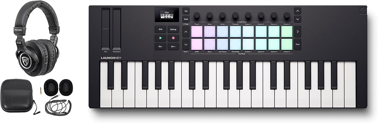 Audiosavings Bundle: Novation LAUNCHKEY MINI 37 MK4 37-key MIDI Ableton Live Keyboard Controller Bundle with Rockville PRO-M50 Studio Headphones w/Detachable Coil Cable & Case+Extra Ear Pad (2 Items)