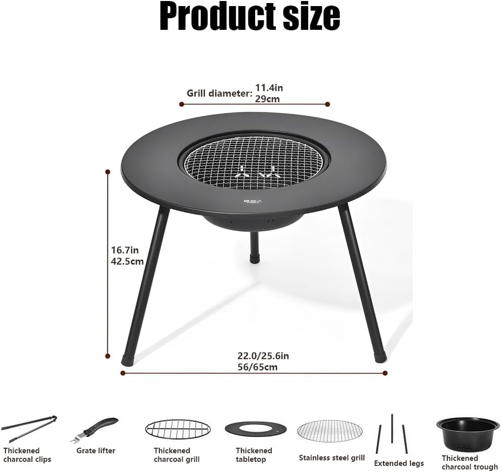 Large Wood Burning Fire Pit with Grill, Portable Firepit for Outside Cooking & Heating, Carbon Steel Fire Pit Grill for Camping, Backyard, Picnics, and Outdoor Gatherings(Medium)