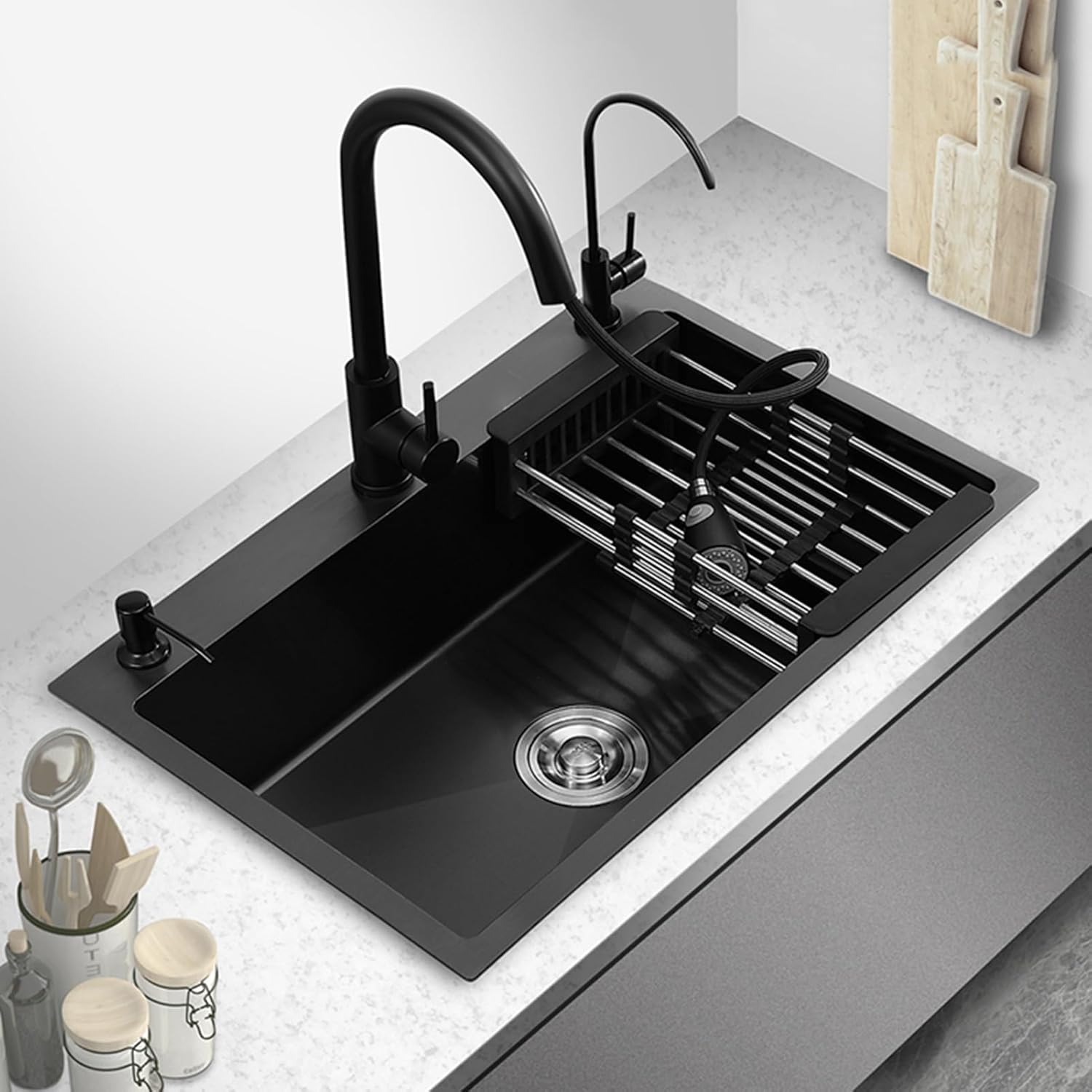 Kitchen Sink Single Bowl Sink Workstation Kitchen Sink with Pull-Out Faucet, Soap Dispenser, Telescopic Basket and Other Accessories (Black 68x45 (Black 75x45x20cm)