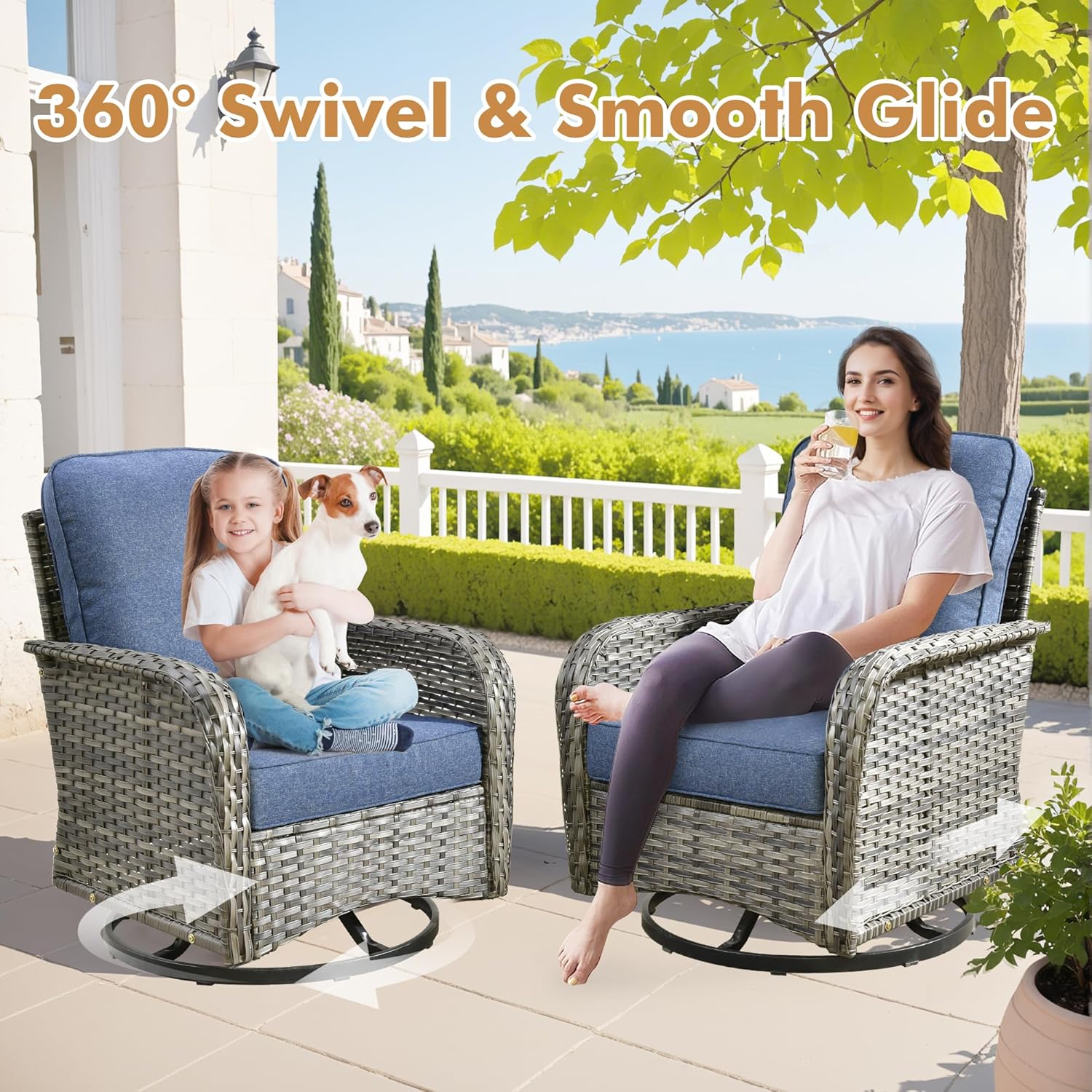 9 Pieces Patio Outdoor Furniture Set with Swivel Rocking Chairs & Fire Pit Table,Patio Seating Outside Sofa and Chairs Set Patio Conversation Set for Balcony Porch Deck Poolside Yard,Blue