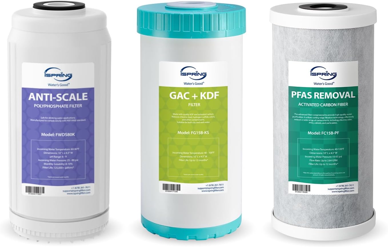 iSpring F3WGB31BPFKDS Whole House Water Filter Replacement Pack, SGS-Tested, Reduces PFAS, Scale, Heavy Metals, Chlorine, Corrosion, Taste & Odor, Up to 12 Months, 4.5” x 10”, Fits WGB31B-PFKDS