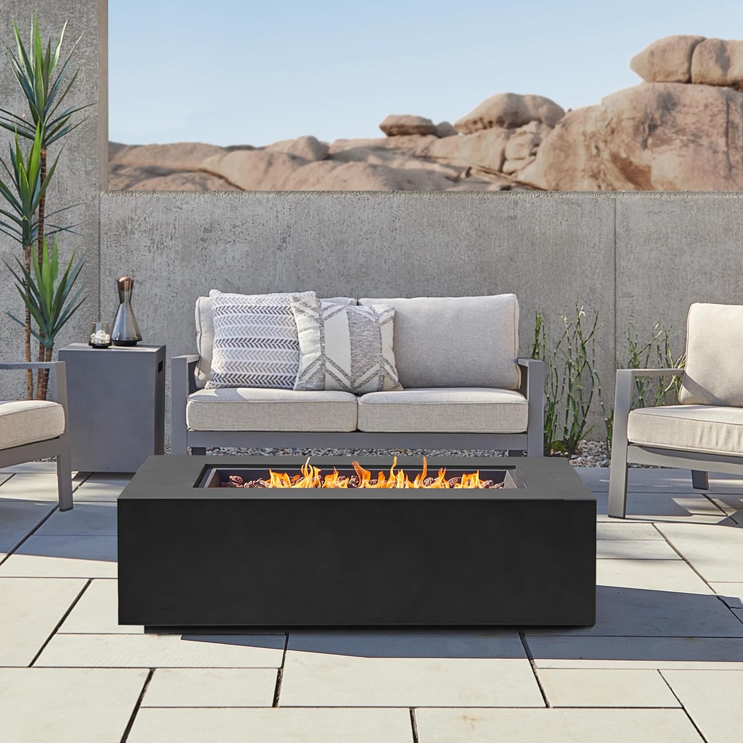 Real Flame Aegean 50in Rectangle Propane or Natural Gas Fire Pit Table, 50,000 BTU, Powder-Coated Steel, Push-Button Ignition, CSA Certified, Lava Rock, Storage Cover, Stainless Steel Burner with Lid