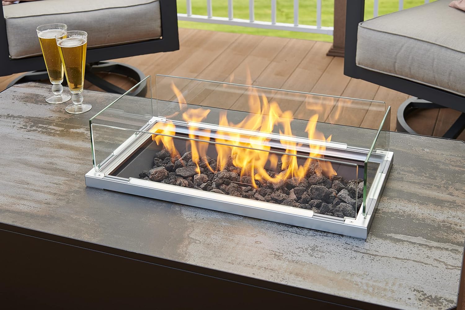 Outdoor GreatRoom Co Propane Fire Pit Table - Kinney Gas Fire Pits for Outside Patio - 55 Inch Rectangular Firepit Fire Table with Matching Tabletop Cover, Metal Base, 80,000 BTU