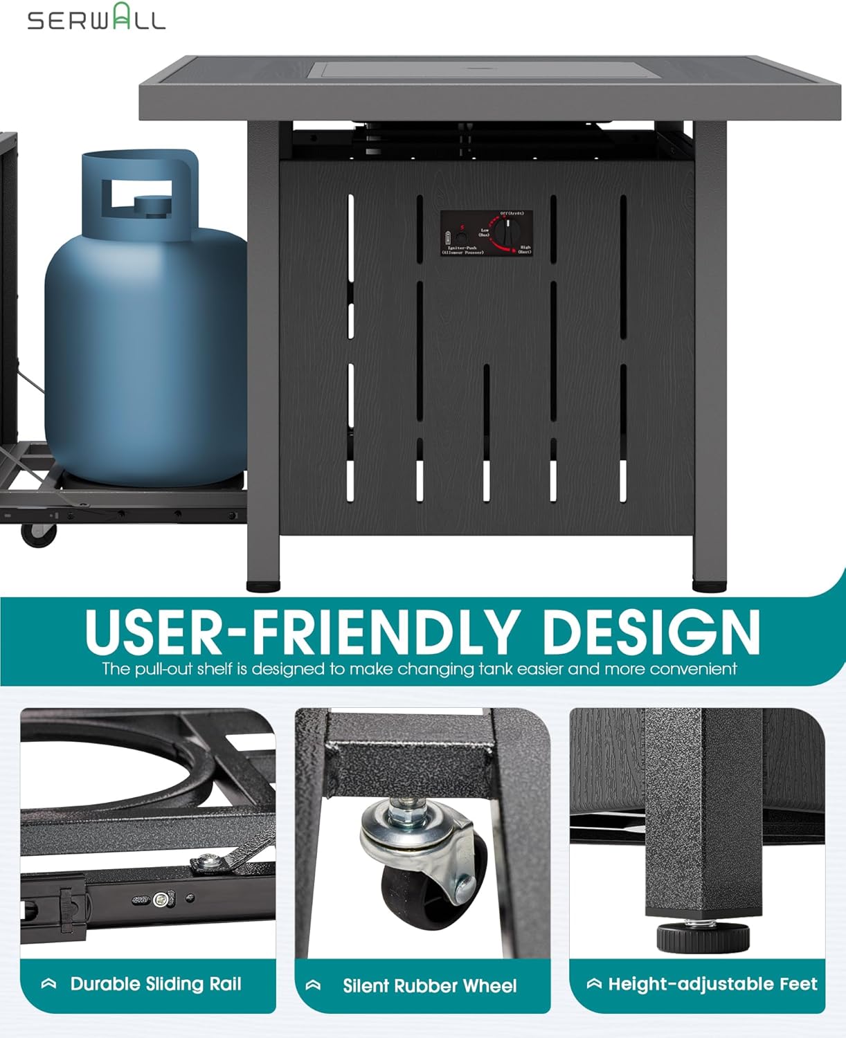 SERWALL Patio Furniture Set with 33” Fire Pit Table, HDPE Outdoor Sectional Sofa Set with Thickened Cushions, Grey Frame with Grey Cushions