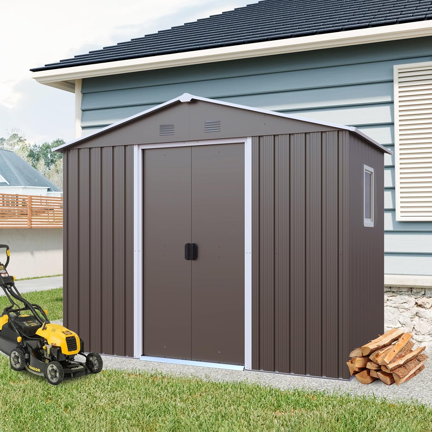 Outdoor Metal Storage Shed with Window, Galvanized Steel Panels, Pad-Lockable Sliding Doors, Metal Floor Foundation, Integrated Punched Vents, Sloped Rain-Shedding Roof (Grey,8x4FT)