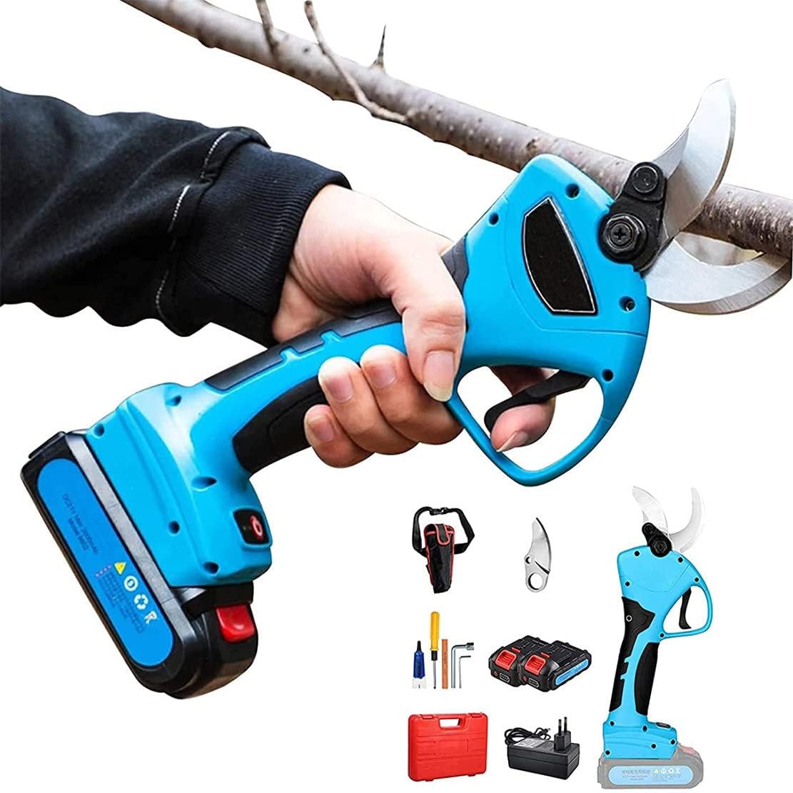Electric Pruning Shears, Telescopic Long Handled Gardening Pruner, Professional Power Secateurs with 40mm Cutting Diameter, 2 Backup Lithium Battery 2 Ah 3-4H Working Time,Blue