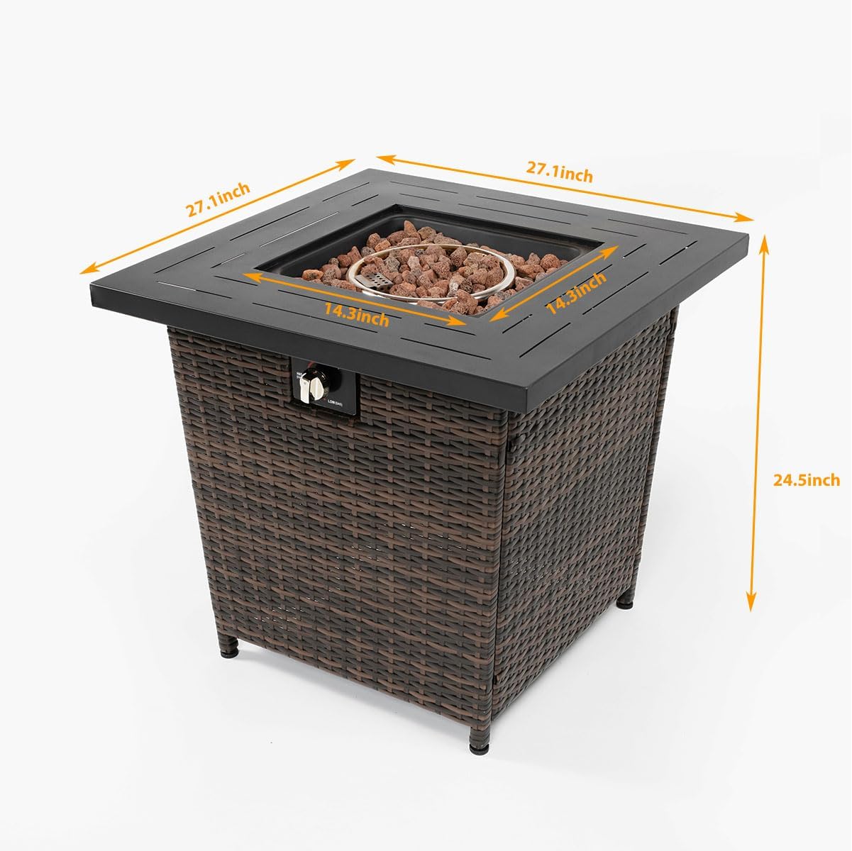 28'' Propane Fire Pit Table, 50,000 BTU Fire Table with Brown Wicker, Laval Rocks, Inclined Leg Design.