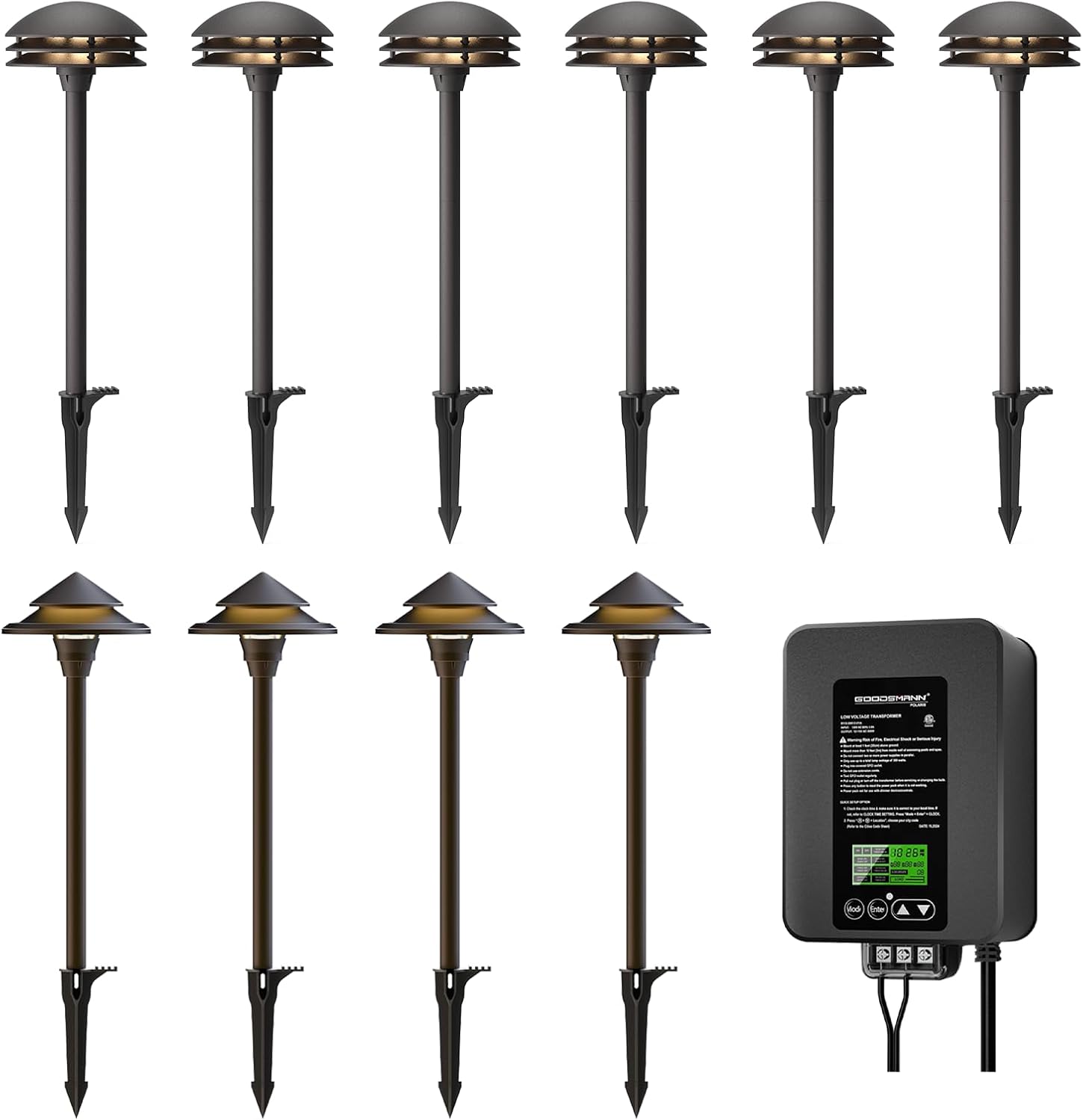 GOODSMANN Landscape Lighting 10PK Low Voltage Pathway Lights 6PK 4W LED 80 Lumen 3 Tier Pagoda Landscaep Path Lights 4PK LED 4W 32 Lumen Pathway Lights with 300W Low Voltage Transformer