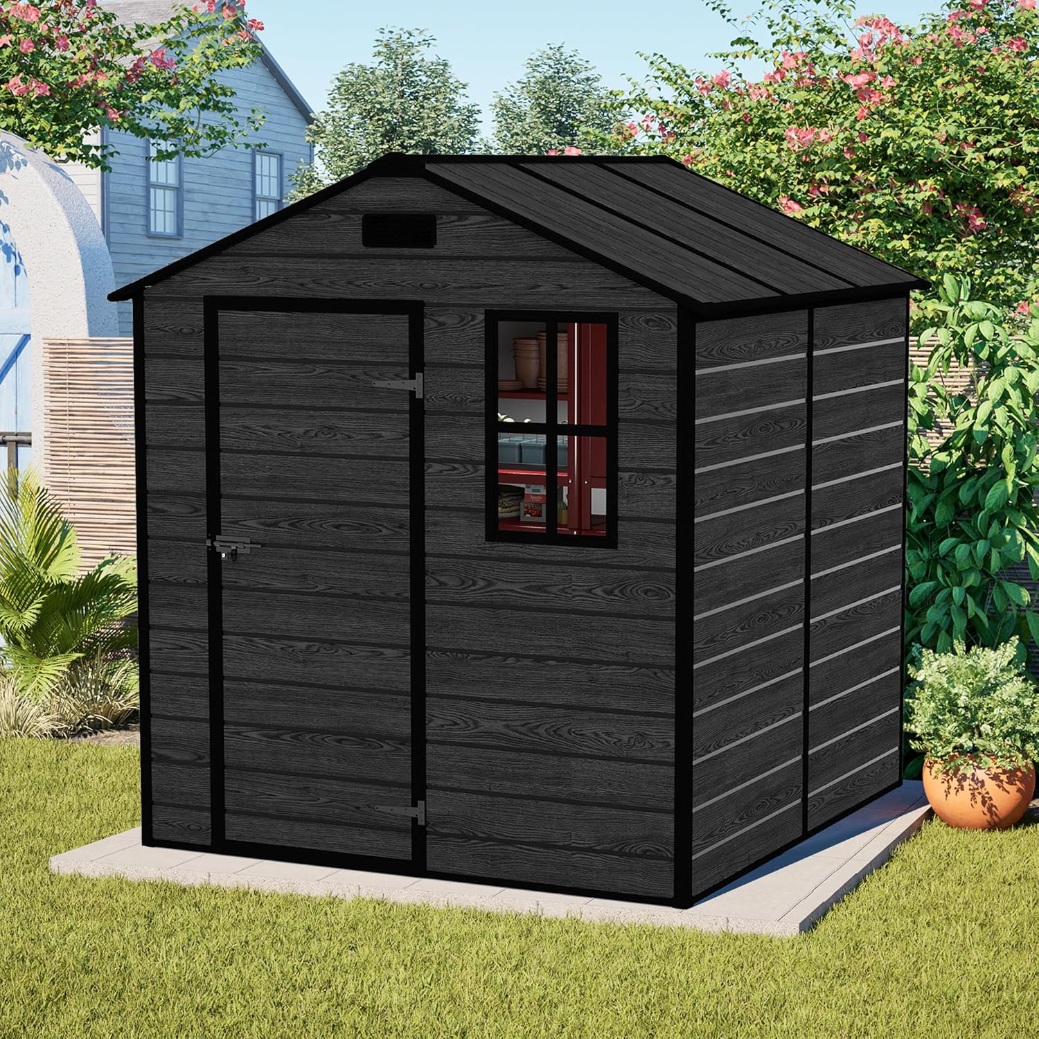 Outdoor Storage Shed 6x6 FT, Resin Shed with Floor, Waterproof Plastic Garden Bike Shed with Lockable Door, Sloped Roof, Vents & Windows, Tool Shed for Patio, Backyard, Lawn (Wood Grain Black, 6X6ft)