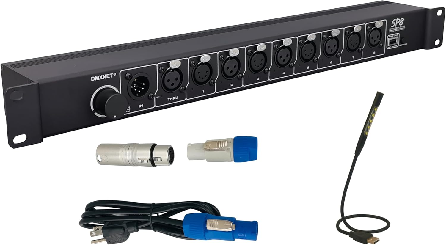 8-Port Opto-Isolated DMX Splitter/Amplifier/Isolator, LED Indicator, XLR-(3/5 PIN) USB Adjustable Work Light, DMX View Function, Bulit-in Termination,19 Inch Rack Mountable