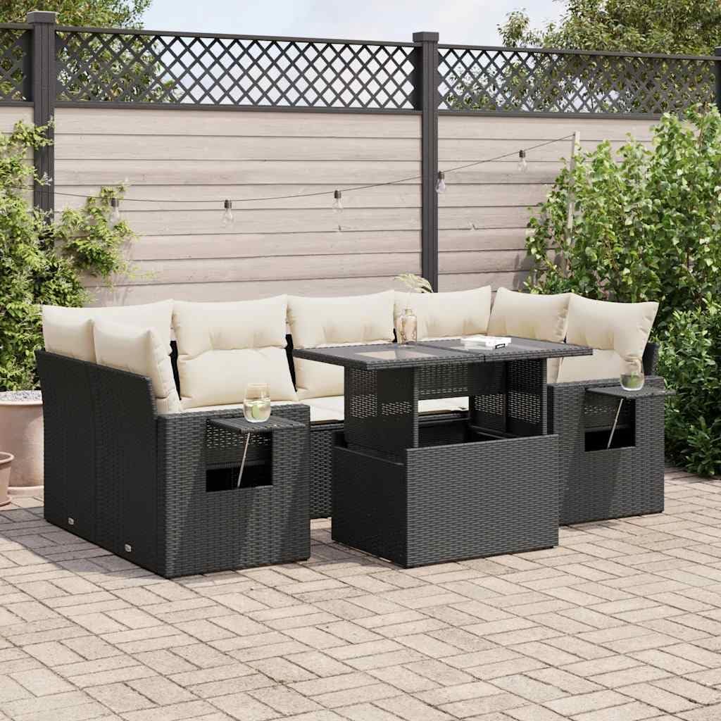 Garden Sofa Set Black PE Rattan, 7-Piece Large Outdoor Patio Furniture with Adjustable Feet, Weather-Resistant Seating for 6 People