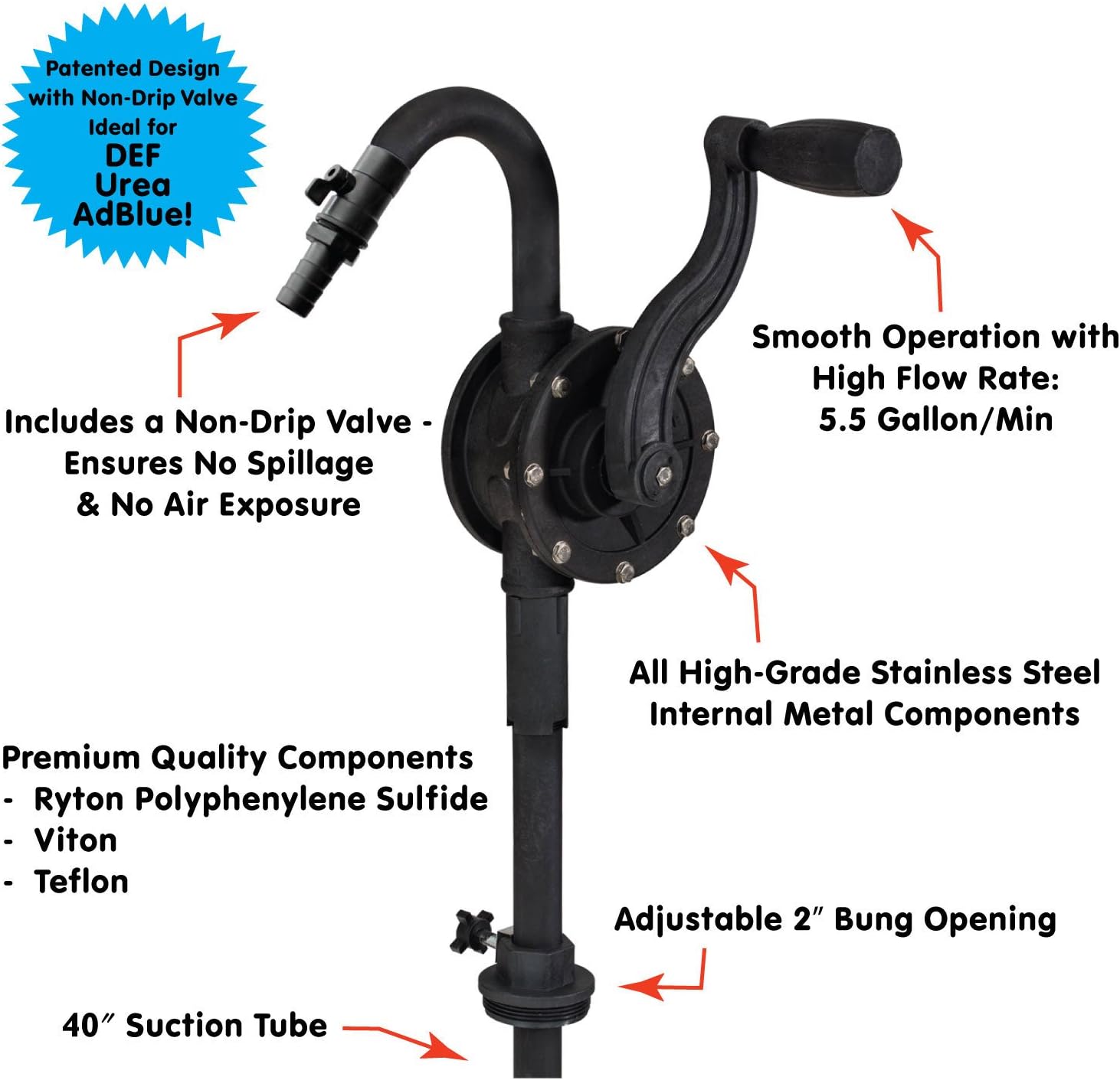 Lumax LX-1321 Black Corrosion Resistant Rotary Barrel Pump, Fits 15 to 55 Gallon Drums with Standard 2” Bung Opening; Also Suitable for Transferring Petroleum Based Fluids of Light to Medium Viscosity