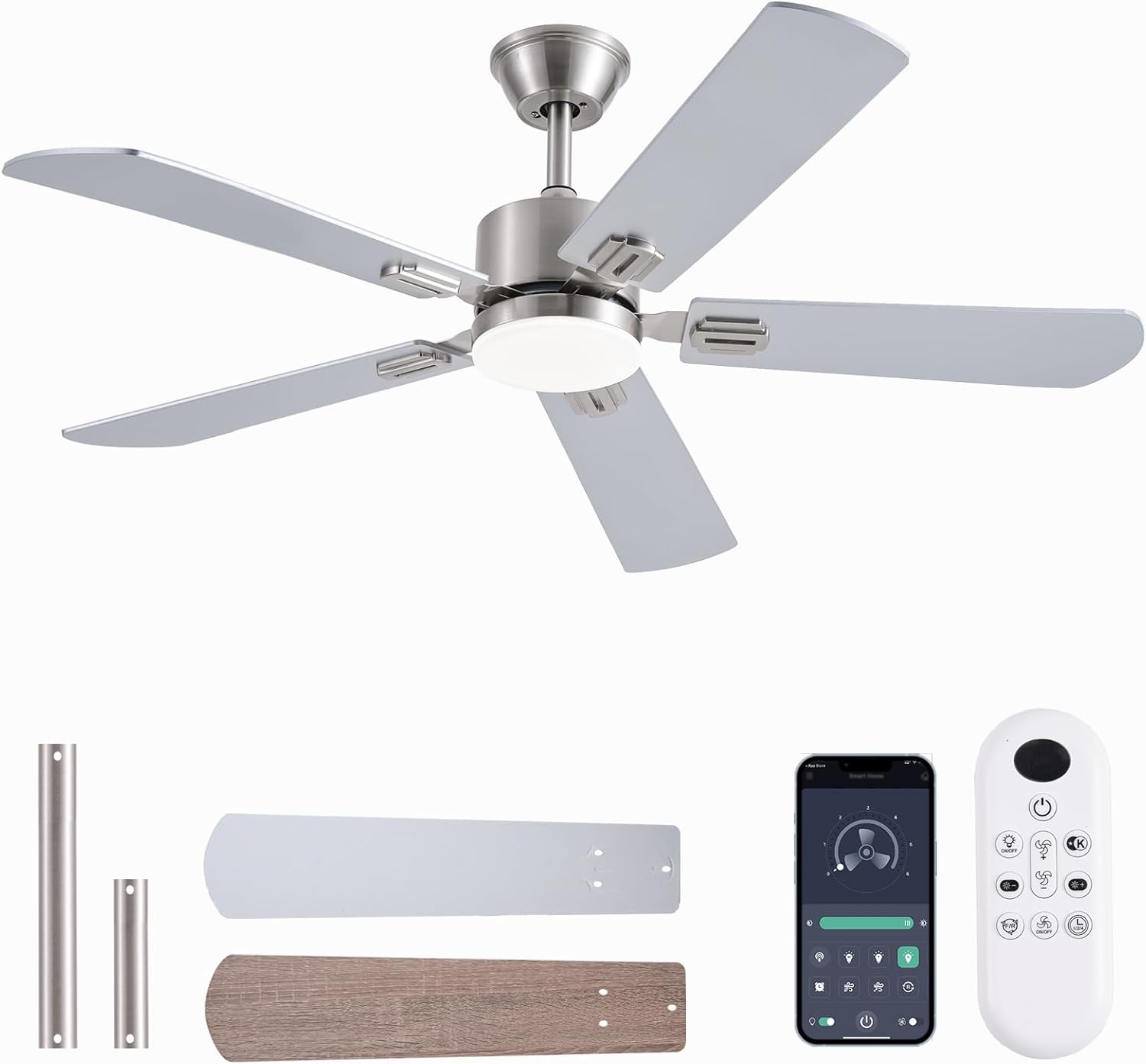 52inch Ceiling Fans with Lights and Remote/App Control, Double-Side Blades, Dimmable LED, Reversible DC Motor, Noiseless, Modern Low Profile Ceiling Fan for Indoor/Outdoor Use (Nickel)