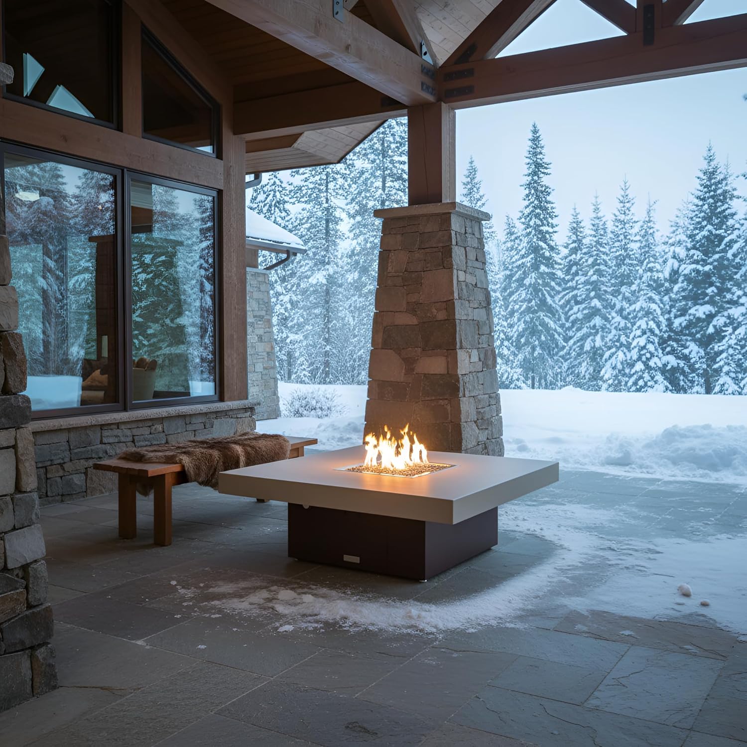 COOKE Santa Barbara 40 x 40 Square Fire Pit Table - Beige Powdercoat Aluminum Top - Propane (Dark Cherry Powdercoat Base)