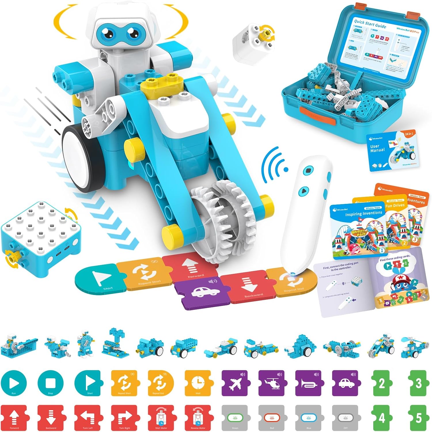 WhalesBot B3 Pro 24-in-1 Coding Robot Kit STEM Toy for Kids 4+, Advanced Smart Pen & Cards Programming, Educational Toy, Block Building Set with Controller&Motor&Sensors for Kids 4-6, 5-7