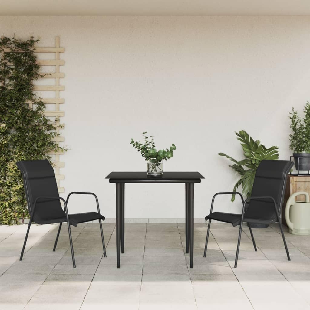 3-Piece Garden Dining Set, Black Powder-Coated Steel Frame, Square Tempered Glass Table, 2 Comfy Chairs, Outdoor Patio Balcony Furniture