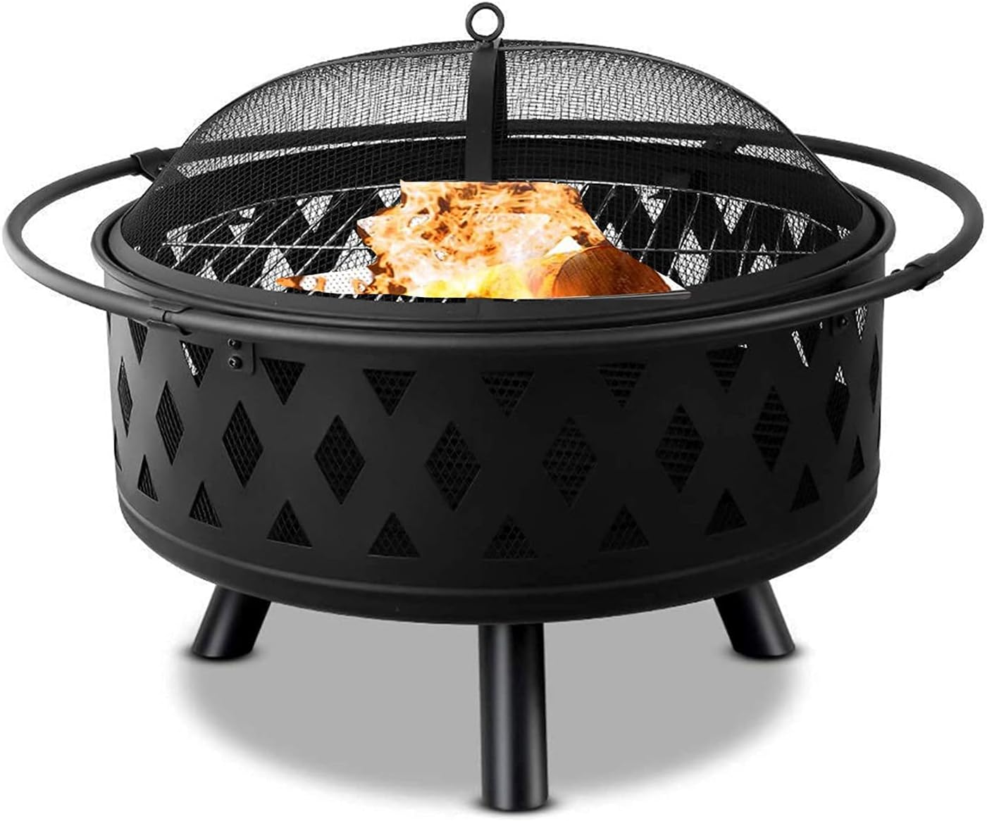 32 Inch Large Fire Pit,Crossweave Outdoor Fire Pit Round Fire Pit with Grid Poker Patio Bonfire BBQ Grill Firepit
