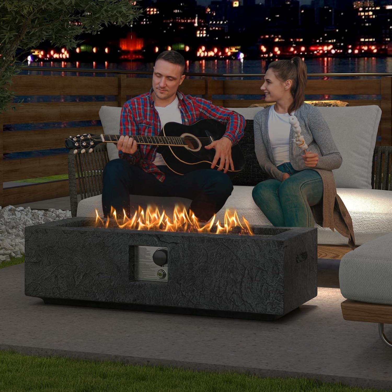 Tangkula 42.5 Inches Outdoor Propane Fire Pit Table, 50,000 BTU Rectangular Magnesium Oxide Gas Firepit with Stainless Steel Burner, Lava Rock and Protective Cover