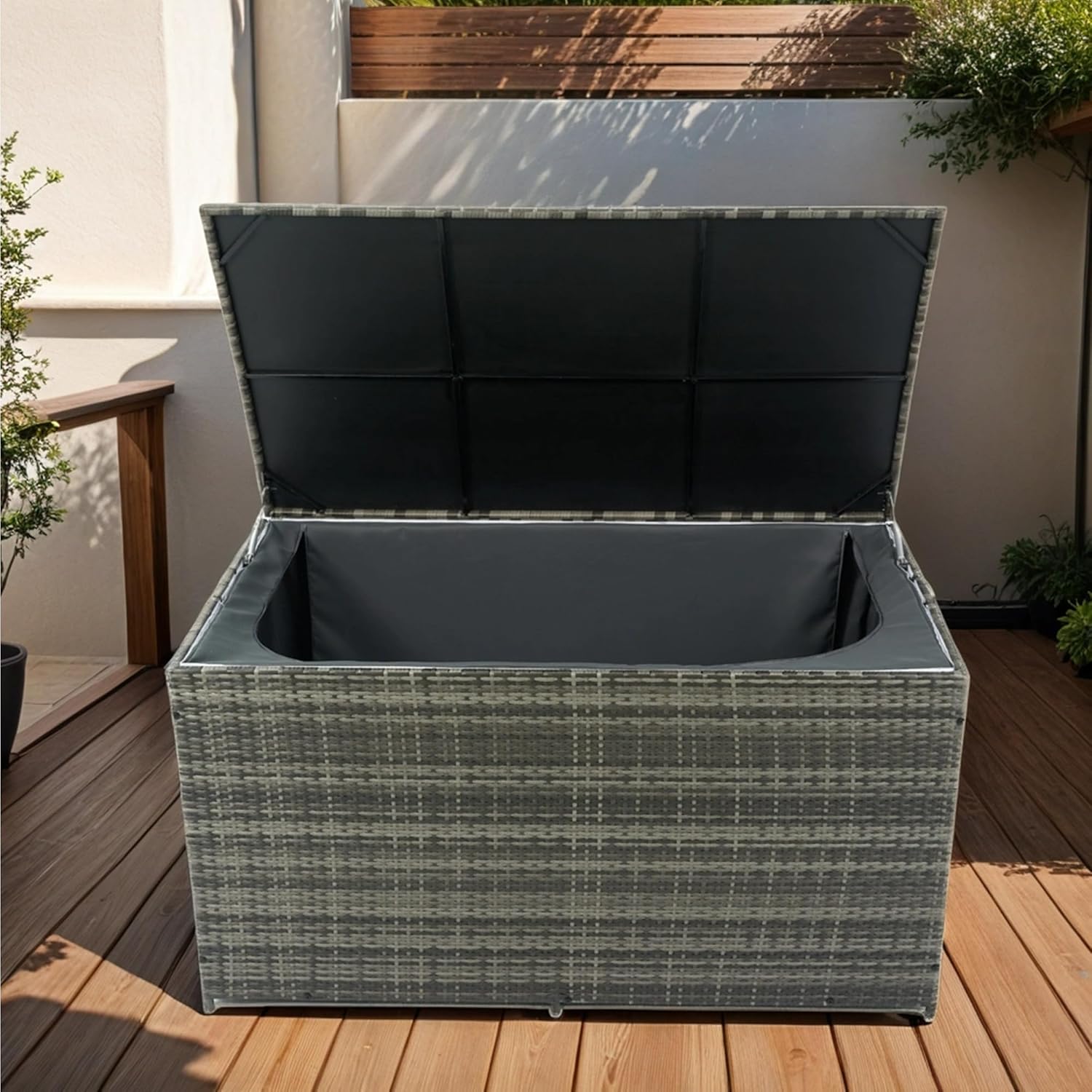 200 Gallon Deck Boxes, Outdoor Storage Box, Rattan, Water Resistant, for Patio Furniture, Pool Accessories, Grey