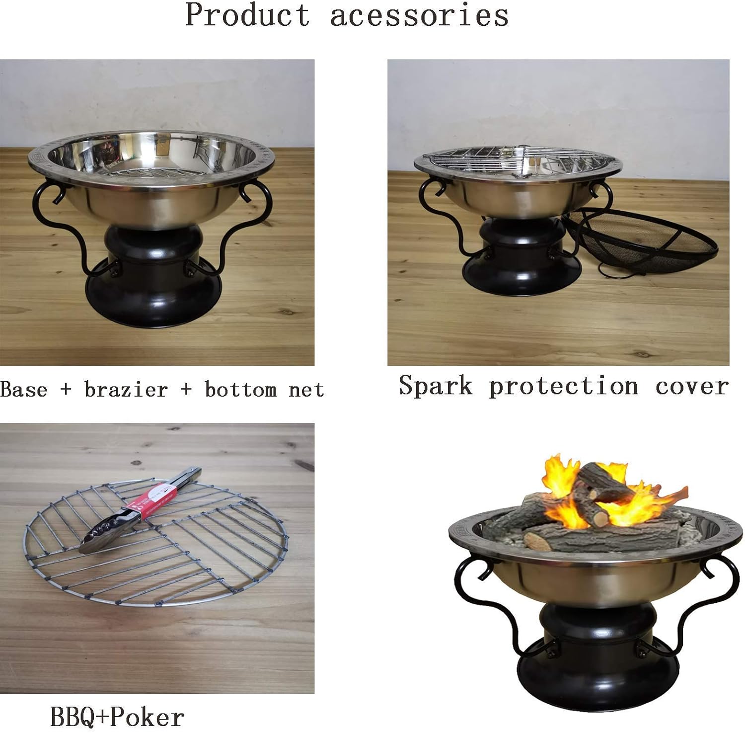 Garden Fire Pit Grill Bowl Grill Barbecue Rack Fire Pits Bowls,with Grill BBQ Large Cast Iron Wood Burning Round Log Burner Outdoor Firepits and Firebowlssteel Heater Tripod with Guard Lid