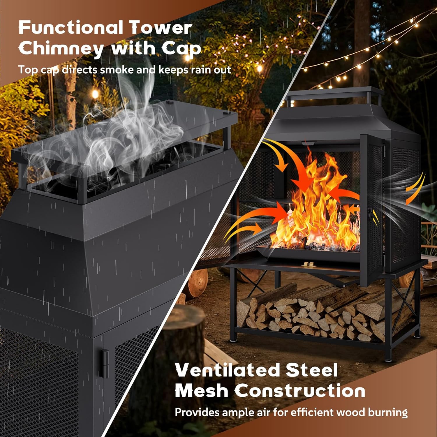 Outdoor Chiminea Fire Pit with Grill and Wood Storage, Large Wood Burning Fireplace for Outside with Chimney, Mesh Spark Screen Door & Fire Poker, Ideal for Patio, Backyard, Garden, and Camping