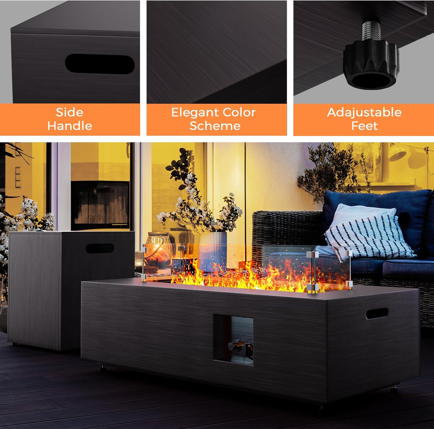 42” Rectangular Fire Pit Tables 2-Piece 50,000 BTU Outdoor Propane Gas Fire Pit with Wind Guard, Waterproof Cover, Lava Rocks for Outside Patio Backyard