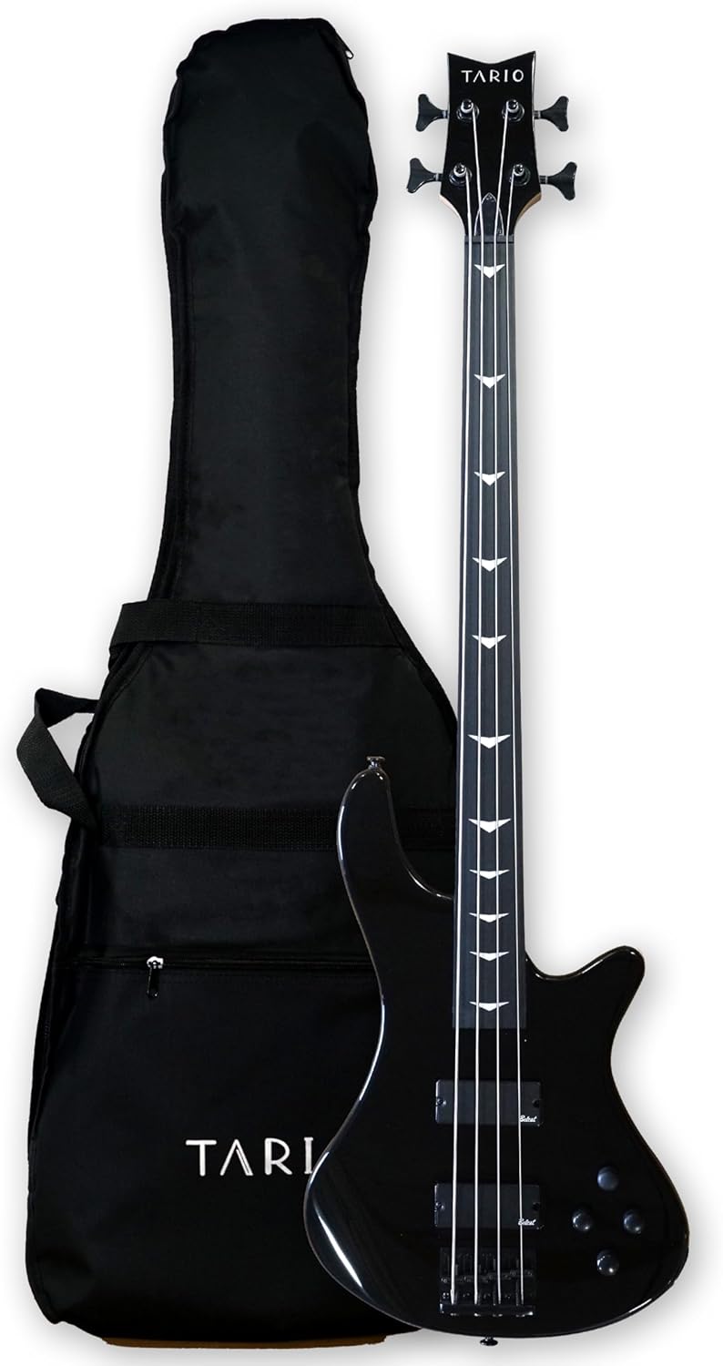 TARIO 4 String Black Fretless Electric Bass, Bolt-on Maple Neck, Poplar Body