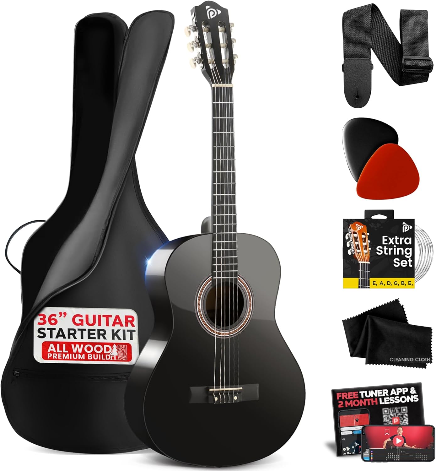Pyle Beginner Acoustic Guitar Kit, 3/4 Junior Size All Wood Instrument with Full Accessory Kit, Picks, Shoulder Strap, Carry Case, Cleaning Cloth, Tuner App, 2 Month Lessons, 36” (Black Gloss)