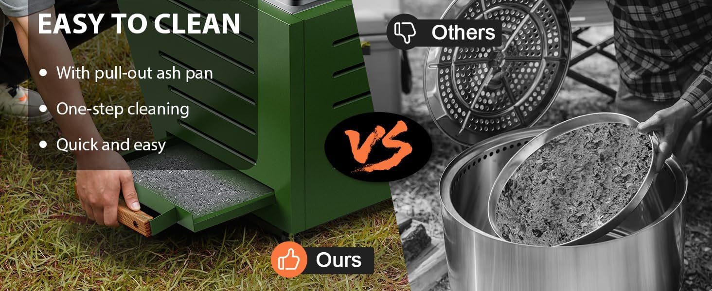 20 Inches Smokeless Fire Pit, Stainless Steel Wood Burning Fireplace for Outdoor Use, Portable Patio Firepit W/Pull-Out Ash Tray & Handles, Green (1 Door) (1 Doors)