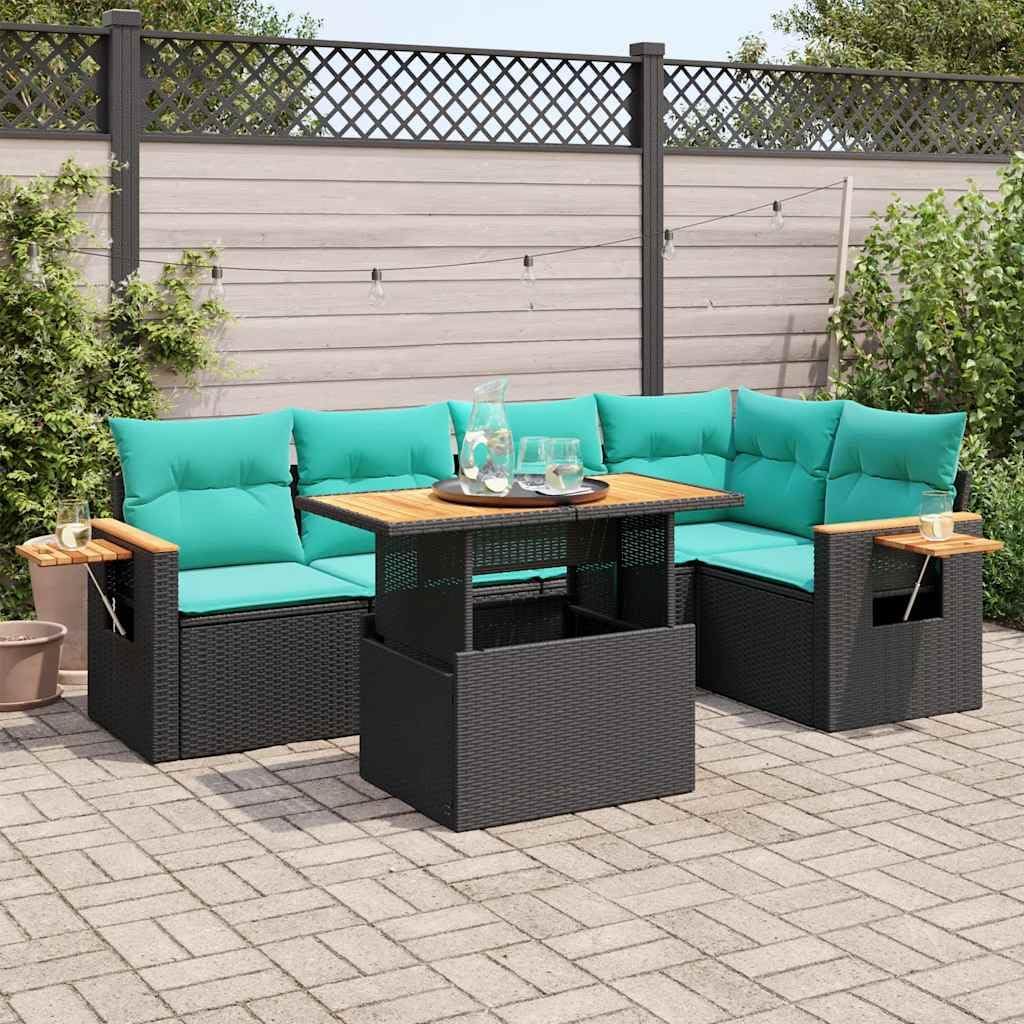 6 Piece Patio Sofa Set with Cushions Black Poly Rattan Acacia, Modular Outdoor Furniture with Removable Washable Covers and Storage Function