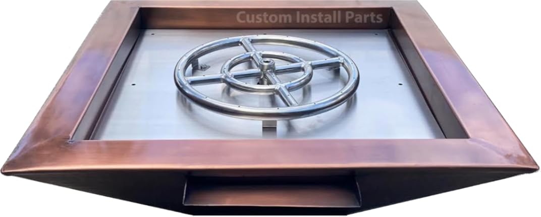 24 Inch Square Hammered Copper Metal Outdoor Propane or Natural Gas Fire Pit with Waterfall Fountain Water Stream Feature