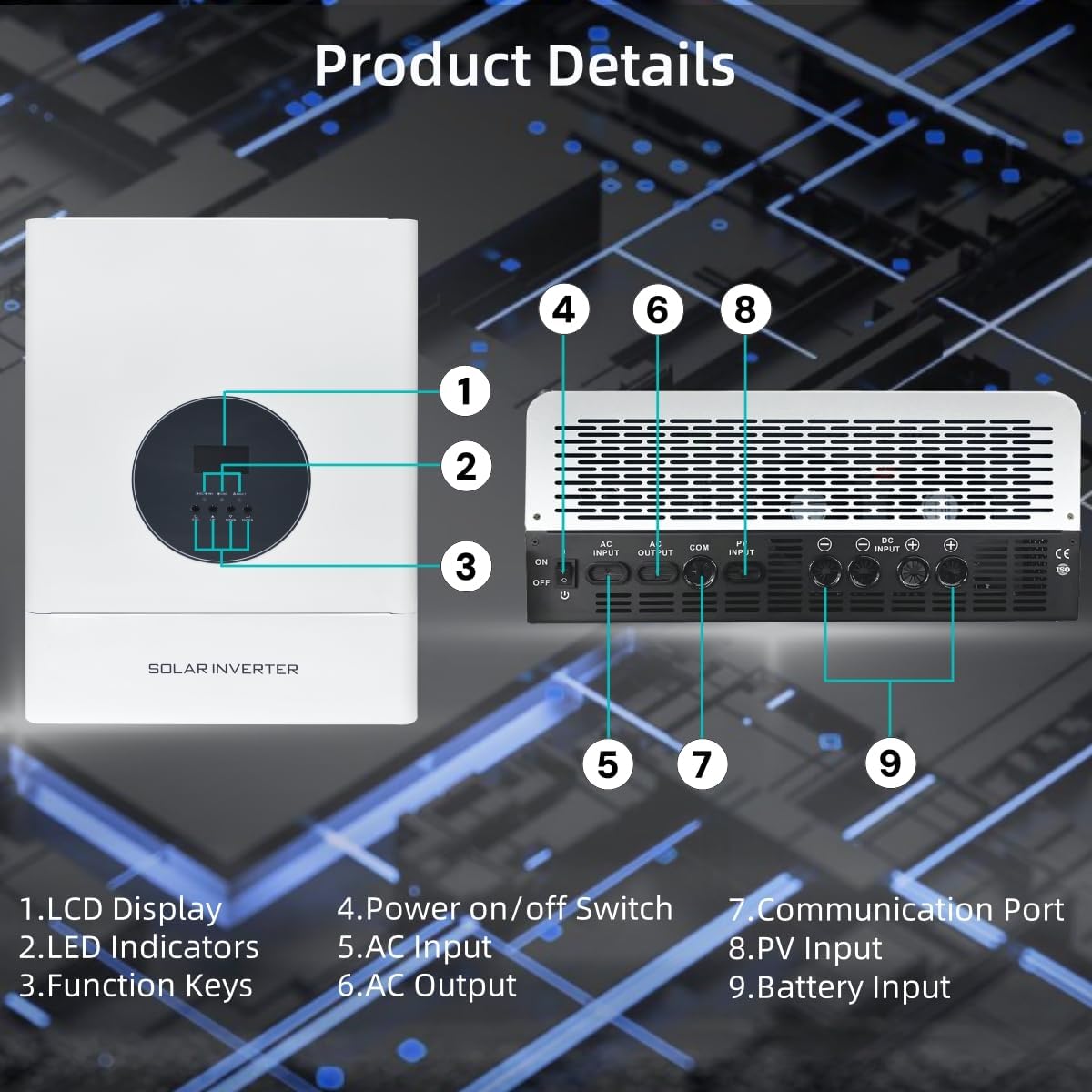 5000W Split Phase Hybrid Solar Inverter 48VAC to 110V/240VAC, Built-in 120A MPPT Solar Charge Controller, Max.PV Input 6400W, 150VDC, 60A, Work w/ 48V Lead Acid/Lithium Batteries, for Home,RV,Truck