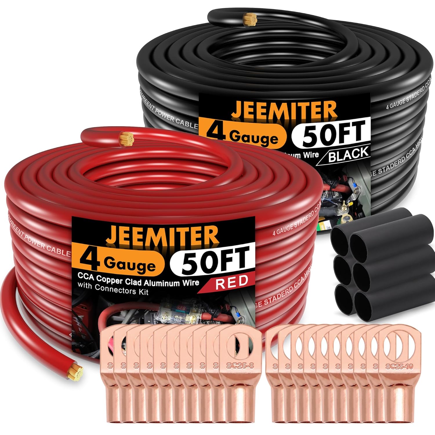 Jeemiter 4 Gauge CCA Wire Complete Kit: 100ft (50ft Red + 50ft Black) for Multiple Amp Rigs & Full Vehicle Audio Install | Includes All Terminals